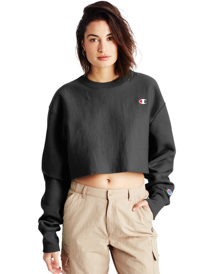 Champion Reverse Weave Cropped Cut-Off Crew Kadın Sweatshirt Siyah ( XIRMNY140 )